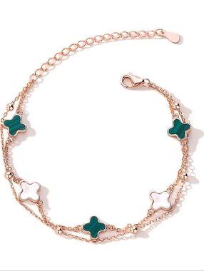 Rose Gold Double Strand Clover Stainless 925 Plate Bracelet In Green/White 🍀